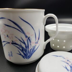 3 Piece Tea Cup Mug with Infuser Strainer and Lid Spring Iris Flowers Pink Blue